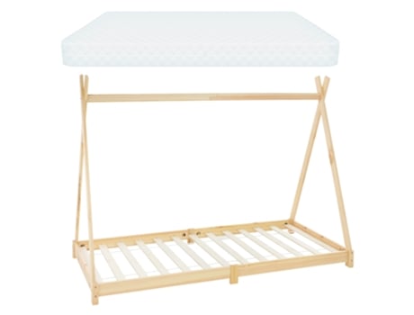Cama infantil tipi montessori con forma de casa madera natural, colchón 90x200cm ML-DESIGN