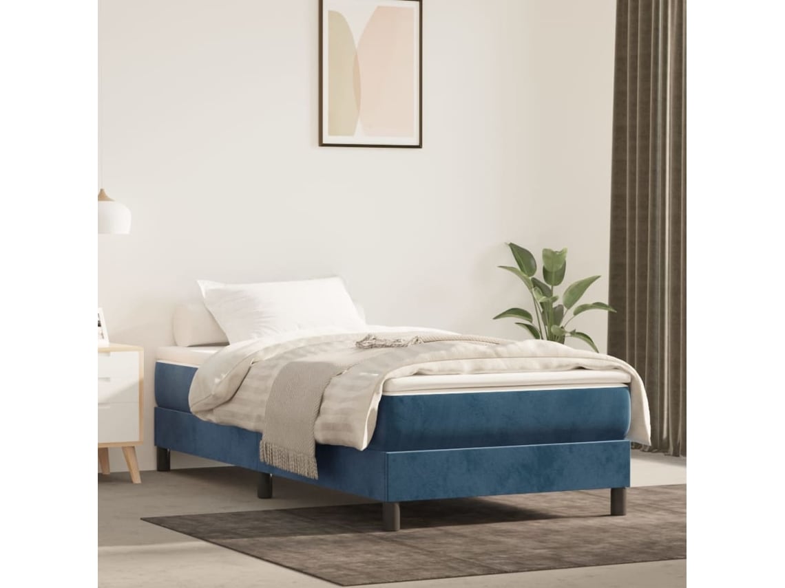 Cama Box Spring Con Colchón Terciopelo Azul Oscuro 100x200 Cm
