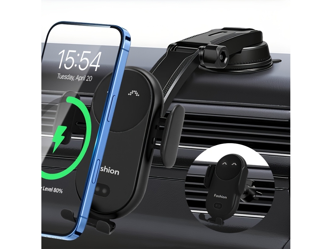 Cargador Inalámbrico Para Coche Con Ángulo Ajustable, Base Con Ventosa Y Clip Para La Rejilla De Ventilación, Compatible Con Iphone.