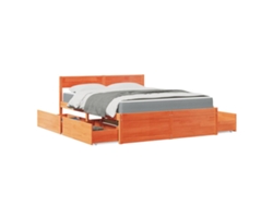 Cama Con Cajones Y Colchón Madera Maciza Pino Marrón 140x200 Cm