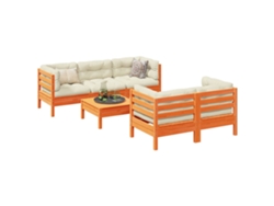 Conjunto de sofá de jardín con cojines, pino macizo, marrón encerado, DKD Home Decor
