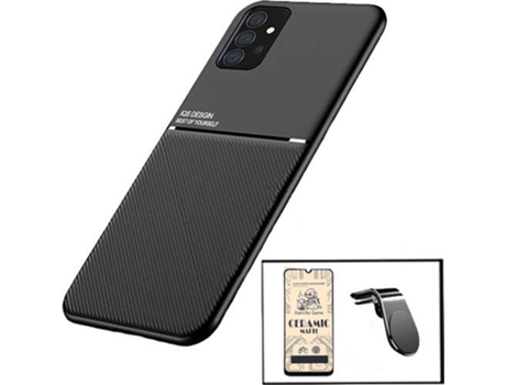 Kit Funda Magnetic Lux, Cristal Templado CeramicGlass Full Cover y Soporte Magnético L Safe Driving Samsung Galaxy A32 4G PHONECARE Negro
