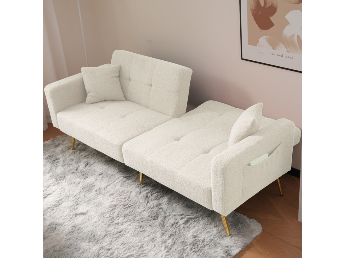 Sofá convertible de 2 plazas Mobrio con respaldo ajustable, tejido bouclé blanco