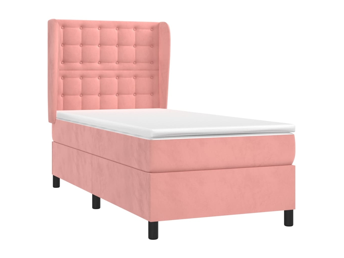 Cama con colchón de muelles y cabecero de terciopelo rosa (100x200 cm)