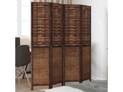 Separador de ambientes | Biombo de privacidad con 4 paneles, madera maciza de paulownia marrón oscuro.