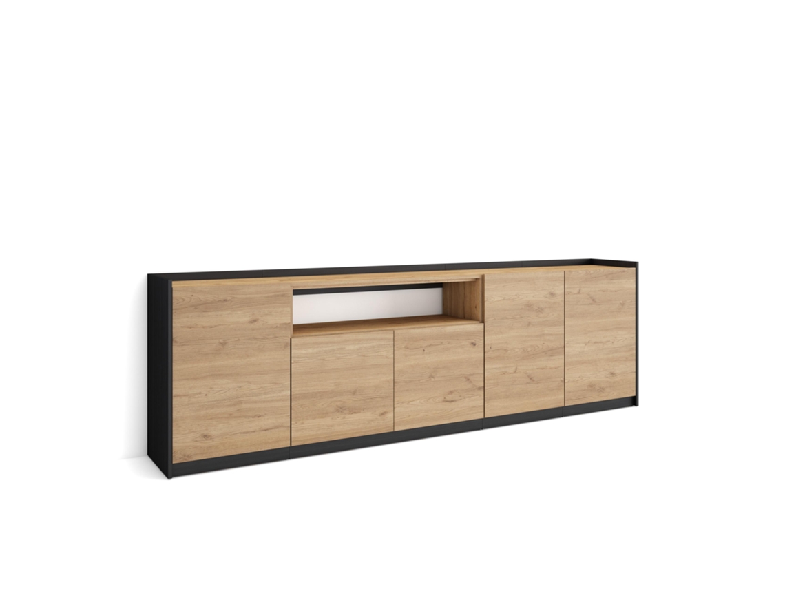 Aparador de comedor, 260x37x80cm, 5 puertas, armario de almacenamiento, roble y negro.