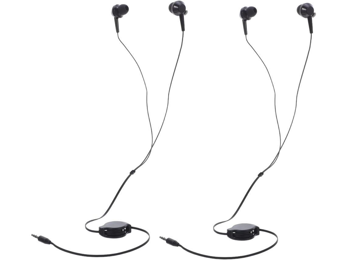 Auriculares Con Cable Dobles Extendidos, Color Negro, Con Tapones Retráctiles Para Los Oídos.