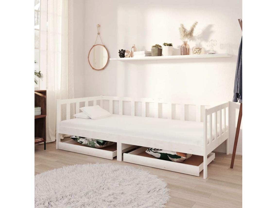 Sofá Cama con Cajones Madera de Pino Macizo Blanco (90x200 cm)