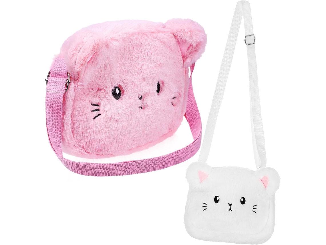 Lindo Bolso Cruzado De Peluche, Pequeño Bolso Decorativo Con Cara De Gatito, 2 Piezas, Suave Y