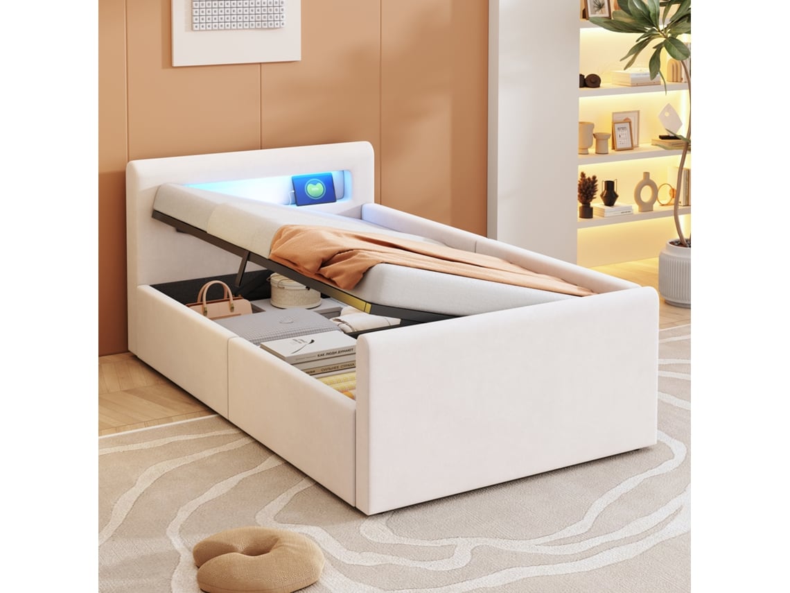 Cama Infantil De Terciopelo Beige De 90x200 Cm Con Baúl De Almacenamiento Usb Led.