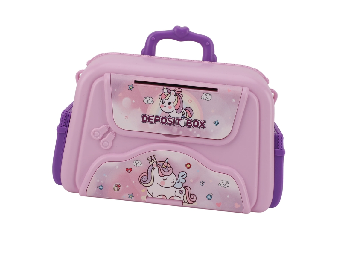 Hucha con código y cadena morada para niños