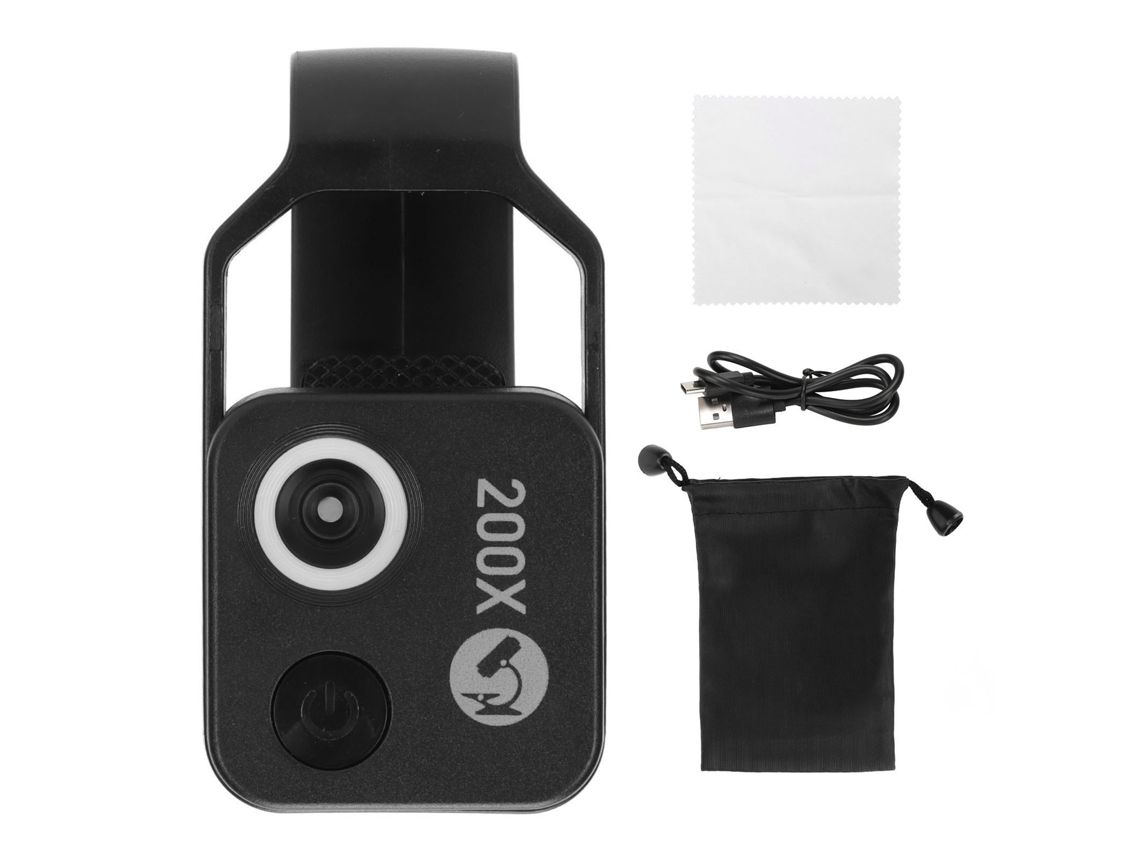 Microscopio De Bolsillo Para Teléfonos Móviles Con Lente Cpl Y Luz Led, Aumento De 200x, Portátil, Negro.