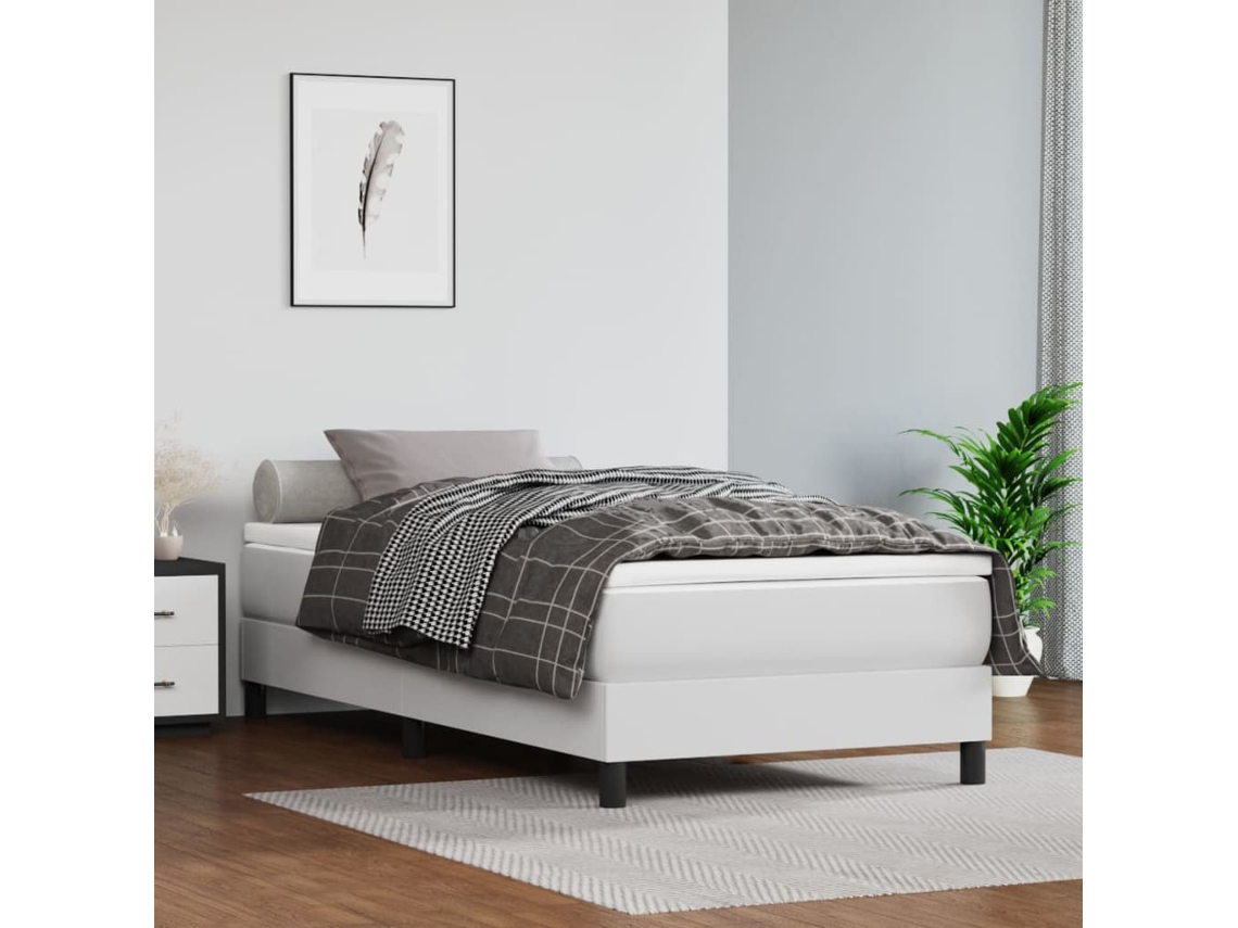 Cama Box Spring Con Colchón Cuero Sintético Blanco 100x200 Cm