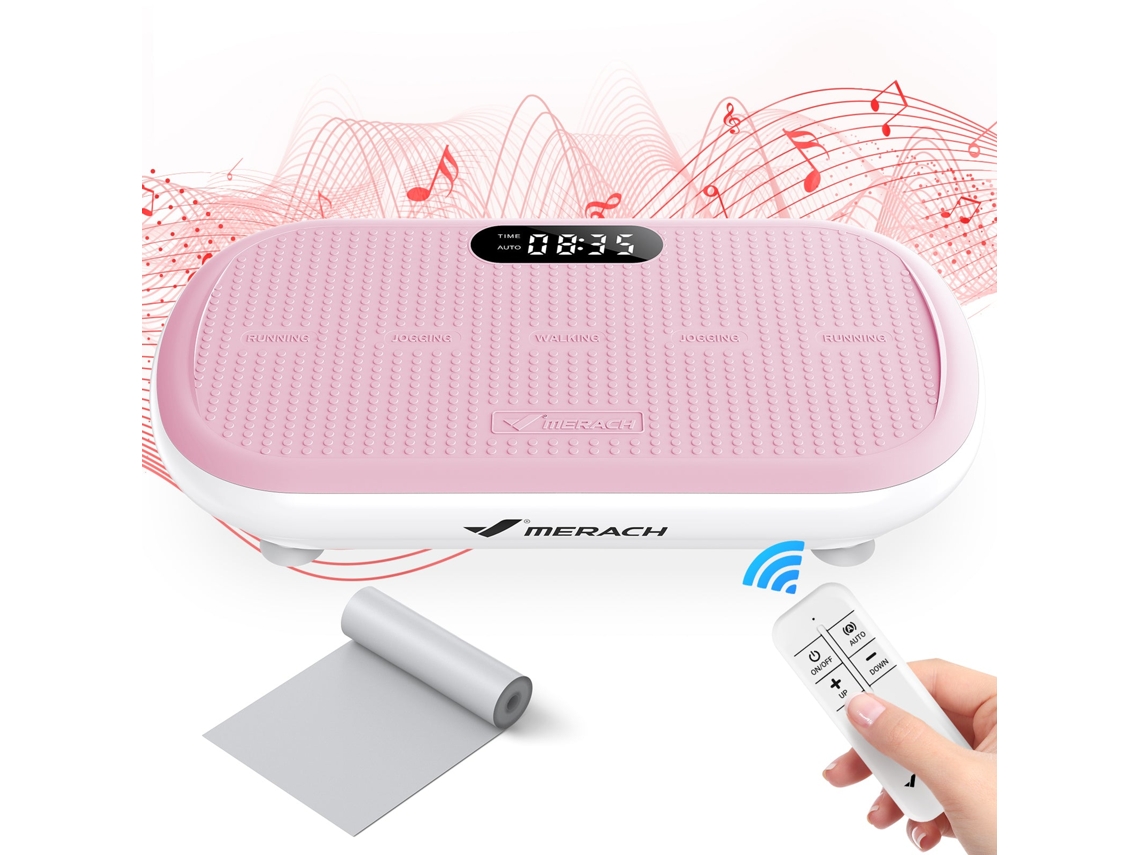 Plataforma vibratoria fitness MERACH mini, rosa, 11 niveles, mando a distancia, pantalla LED, motor silencioso, compacta, 150 kg, maquina de adelgazar