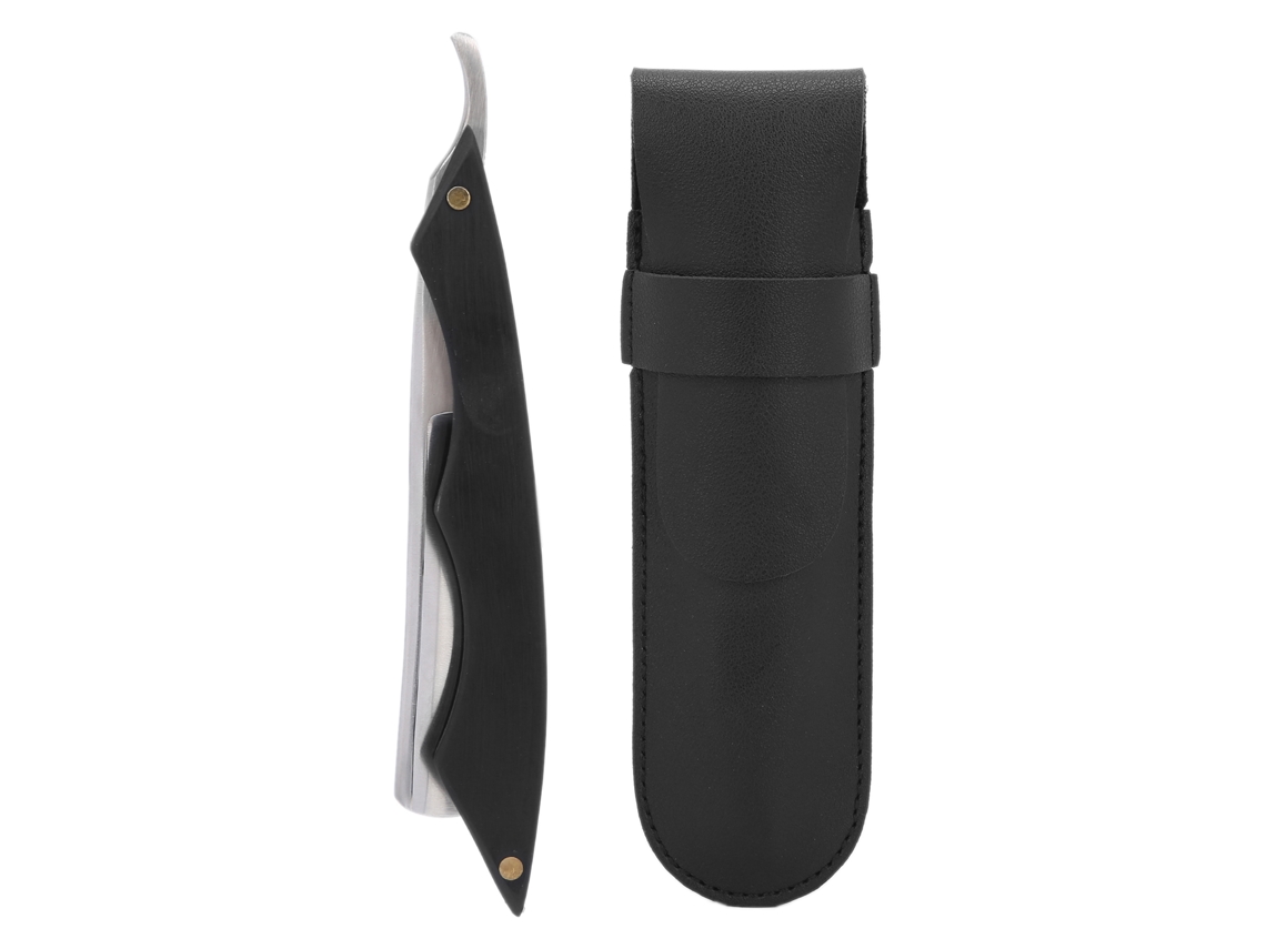 Juego de cuchillas de afeitar plegables con mango de madera y soporte para cuchillas.