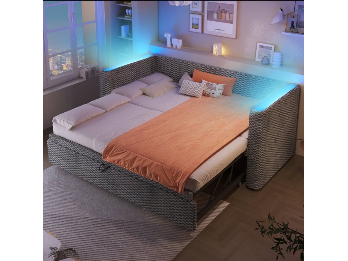 Sofá Cama 90x200 Cm - Diseño Multifuncional Con Tiras Led, Somier, Terciopelo - Gris
