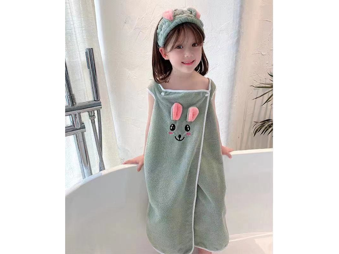 (verde M) Toalla De Baño Infantil Absorbente Con Faldón Y Diadema, Tejido Mezcla Algodón-poliéster, Rectangular.