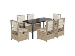 Juego de 7 piezas de comedor de jardín con cojines de mimbre, beige, EXCLUSIVA MAISON