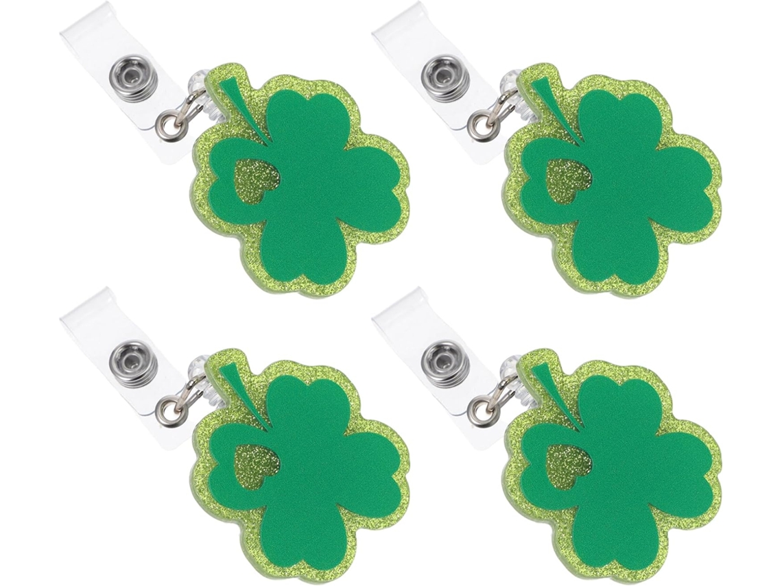 Juego De 4 Portatarjetas Retráctiles De Acrílico Con Purpurina, Forma De Trébol Verde.