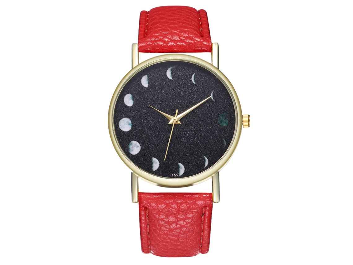 Reloj De Pulsera Unisex De Moda Con Correa De Cuero Sintético Y Estampado De Luna (rojo)