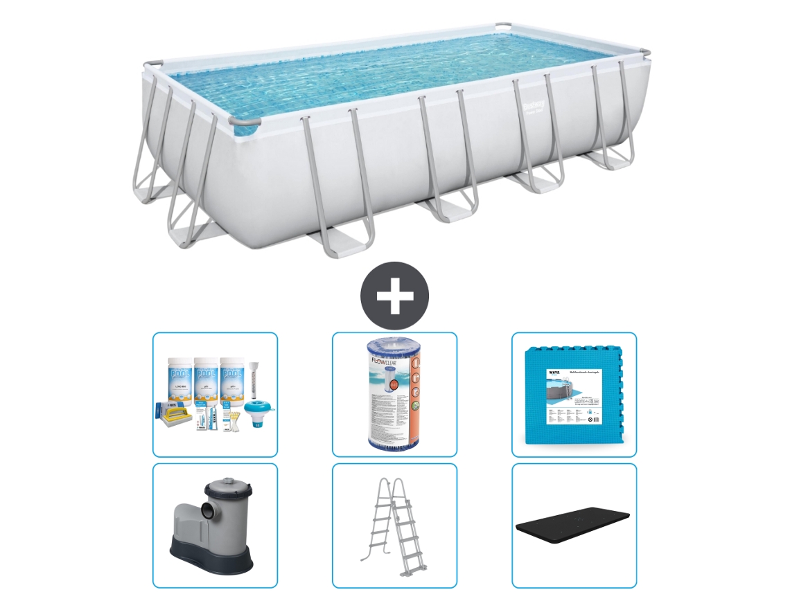 Piscina BESTWAY Rectangular Power Steel - 549 x 274 x 122 - Gris - Incluida bomba - Escalera - Cobertor Paquete de mantenimiento - Filtrar - Baldosas