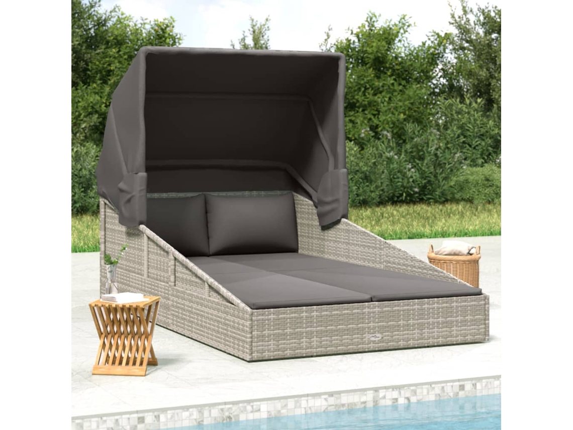 Tumbona Con Toldo Plegable Ratán Sintético Gris 200x114x128 Cm