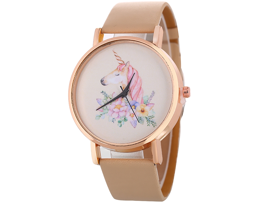 Reloj De Moda Para Mujer Con Correa De Piel Sintética, Diseño Casual De Cuarzo, Estampado De Caballo Y Flores (beige).