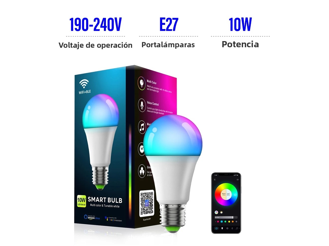 Bombilla LED inteligente, compatible con sincronización de música por Wi-Fi y atenuación BLE 5.0. Mdug (1 unidad, 190-240 V, E27)