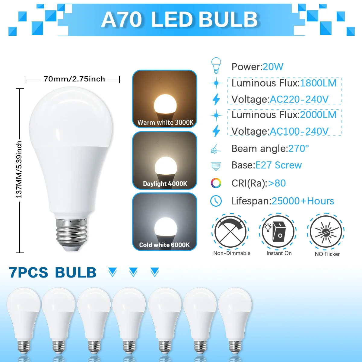 (7 Bombillas Led A70, Luz Blanca Fría De 6000k, Sin Parpadeo, Cri 80+, Aptas Para Dormitorios, Pasillos, Etc.)
