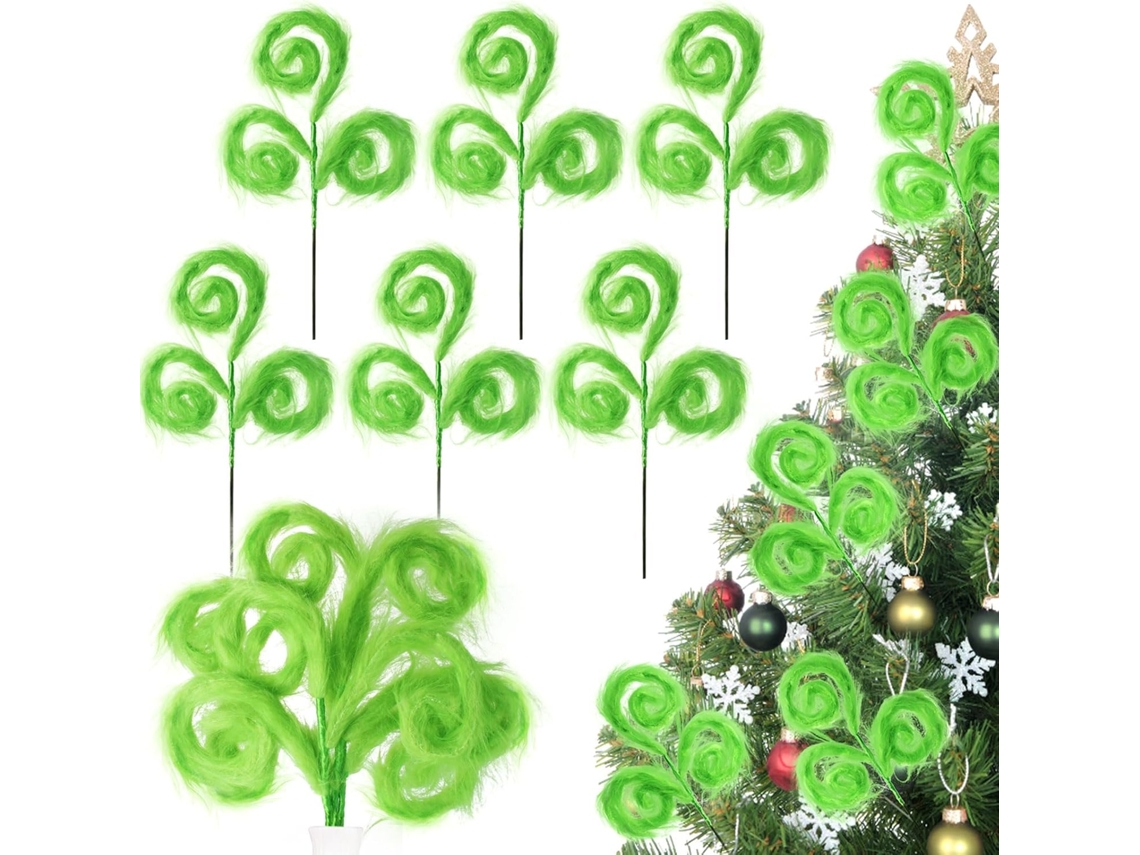 6 adornos navideños de peluche verde, palitos de 43 cm para decoración del árbol y del hogar