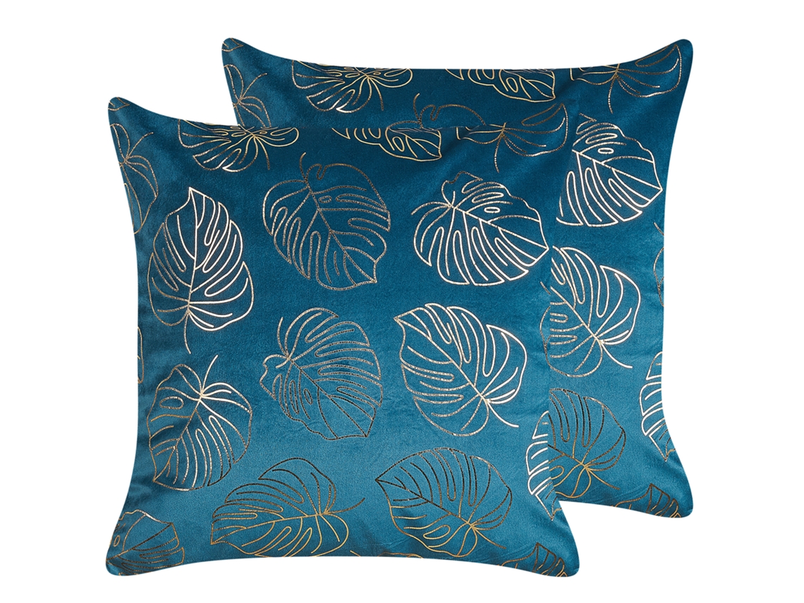 Juego de cojines decorativos BELIANI Monstera de Terciopelo Azul 45x45x8