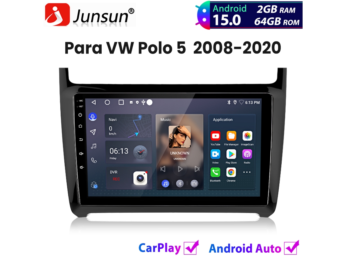 Autorradio JUNSUN Android 15 con CarPlay para VW Polo 5 2008-2020, GPS, navegación, Bluetooth, 2+64 GB
