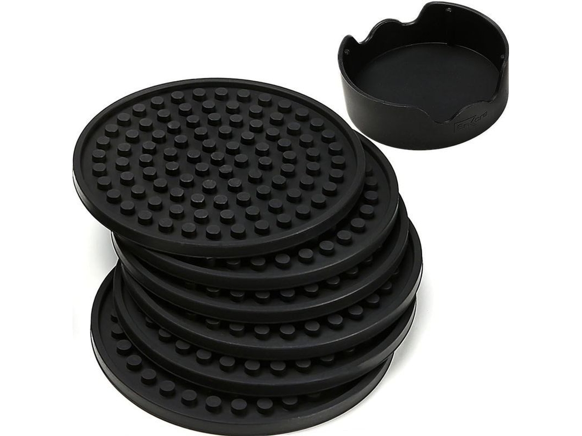 2026-posavasos Para Bebidas - Set De 6 Con Portavasos, Negro - Protege Muebles, Tamaño Grande 4.3 Pulgadas, Silicona
