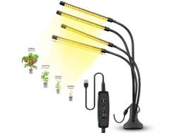 Lámpara LED de cuatro brazos para el cultivo de plantas de interior, con conector USB, regulable y con temporizador automático.