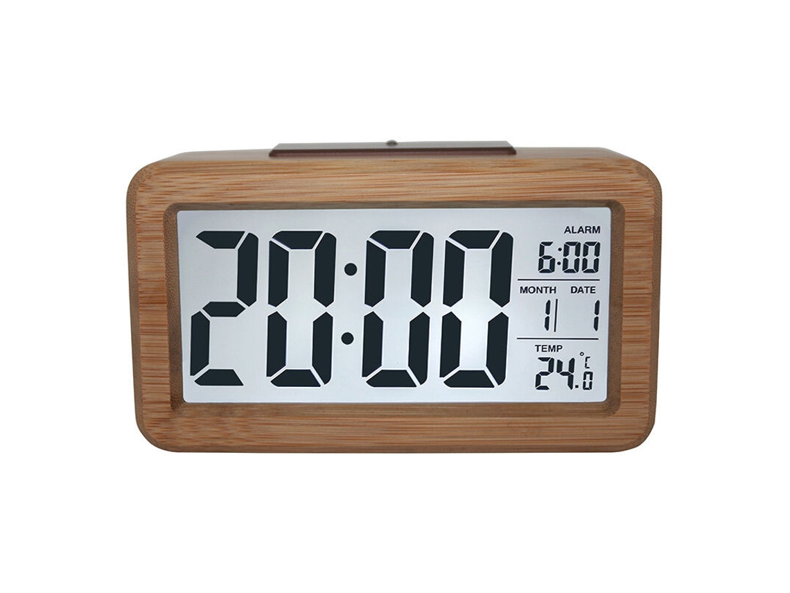 Reloj despertador digital portátil compacto con marco de madera maciza, fácil de configurar y con alimentación USB para dormitorio y sala de estar.