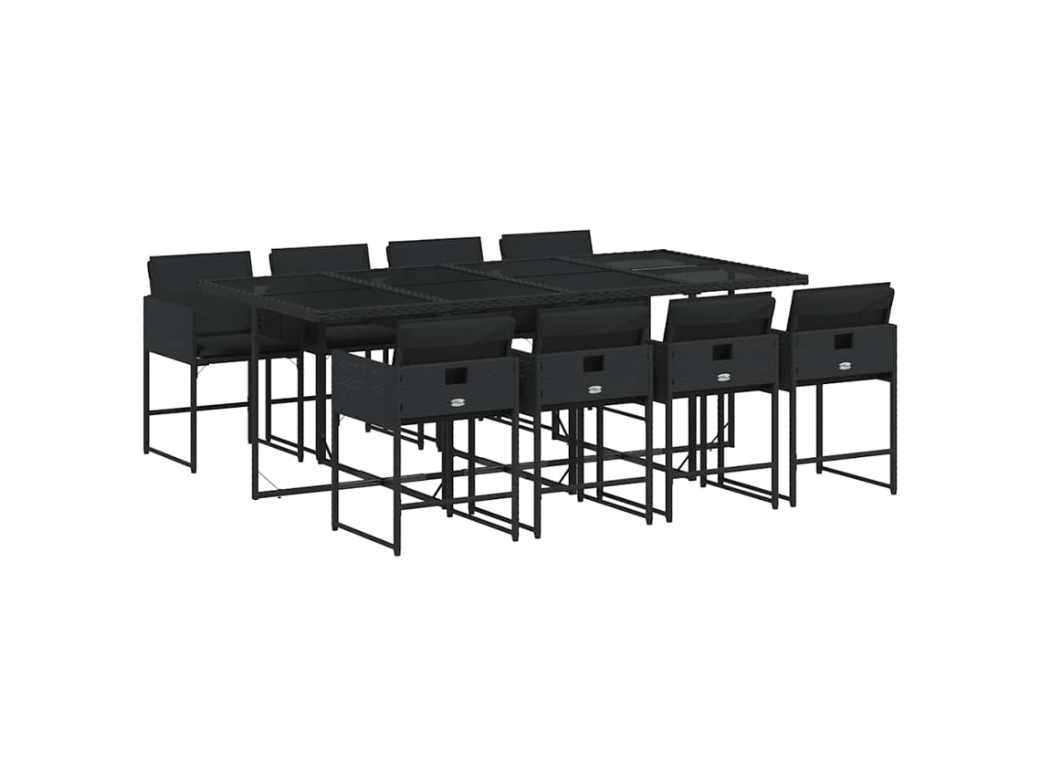 Juego de 9 piezas de comedor de jardín con cojines de mimbre, color negro, EXCLUSIVA DE LA CASA