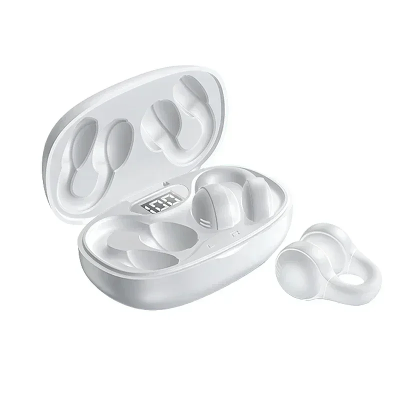 Auriculares inalámbricos Mdug (blancos), conexión Bluetooth por conducción ósea, diseño resistente al agua, micrófono y estuche de carga.