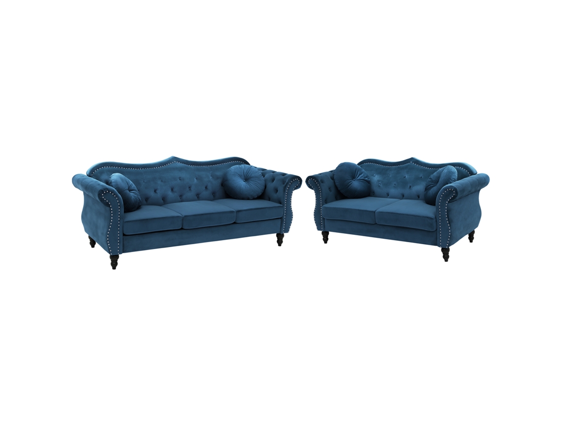 Conjunto De Sofás De Estilo Chesterfield Beliani Skien De Veludo Azul 204x79x86