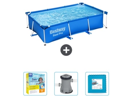 Piscina BESTWAY Rectangular Steel Pro - 259 x 170 x 61 cm - Azul - Incluida Paquete de mantenimiento - Bomba - Baldosas