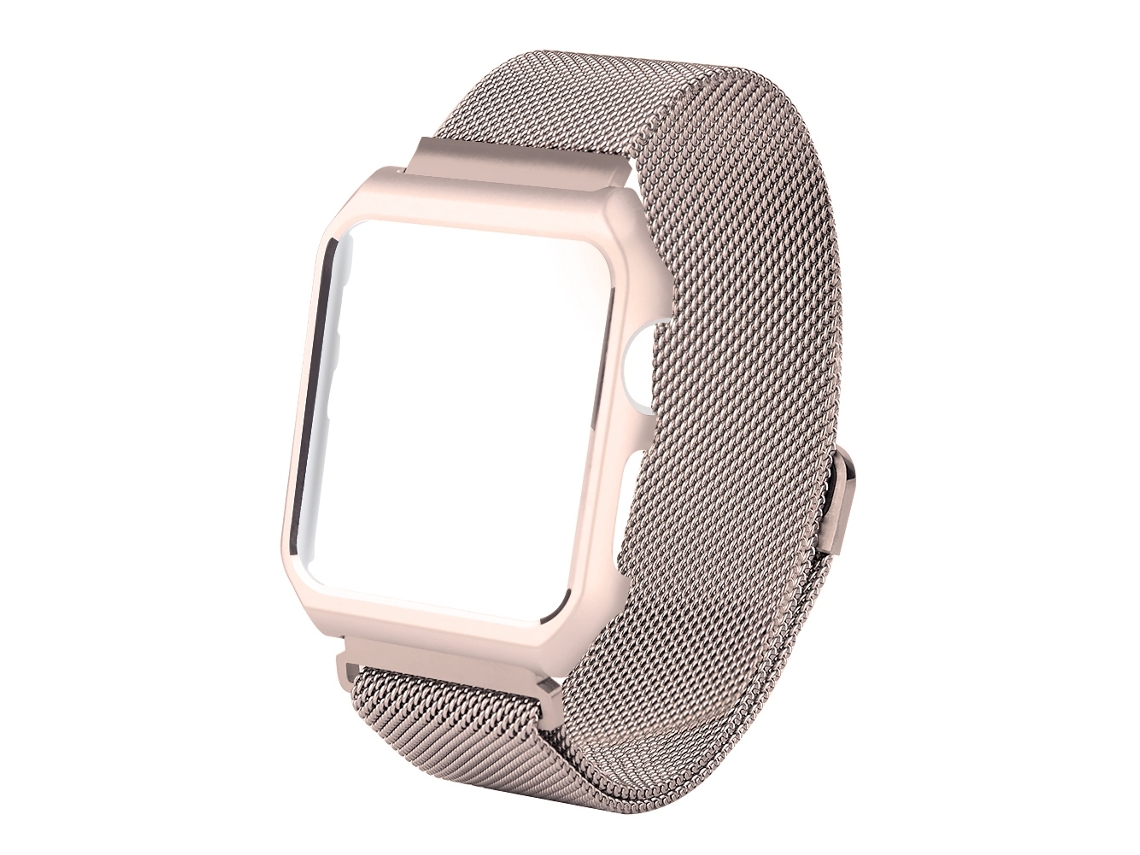 Correa y caja de acero inoxidable para Apple Watch, acabado dorado y detalles milaneses.