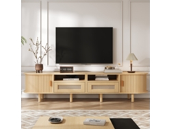 Mueble De Tv De Madera Clara Ovalado, 170x40x40 Cm, 2 Cajones De Ratán, 2 Puertas Correderas, Para Tv De 70 Pulgadas