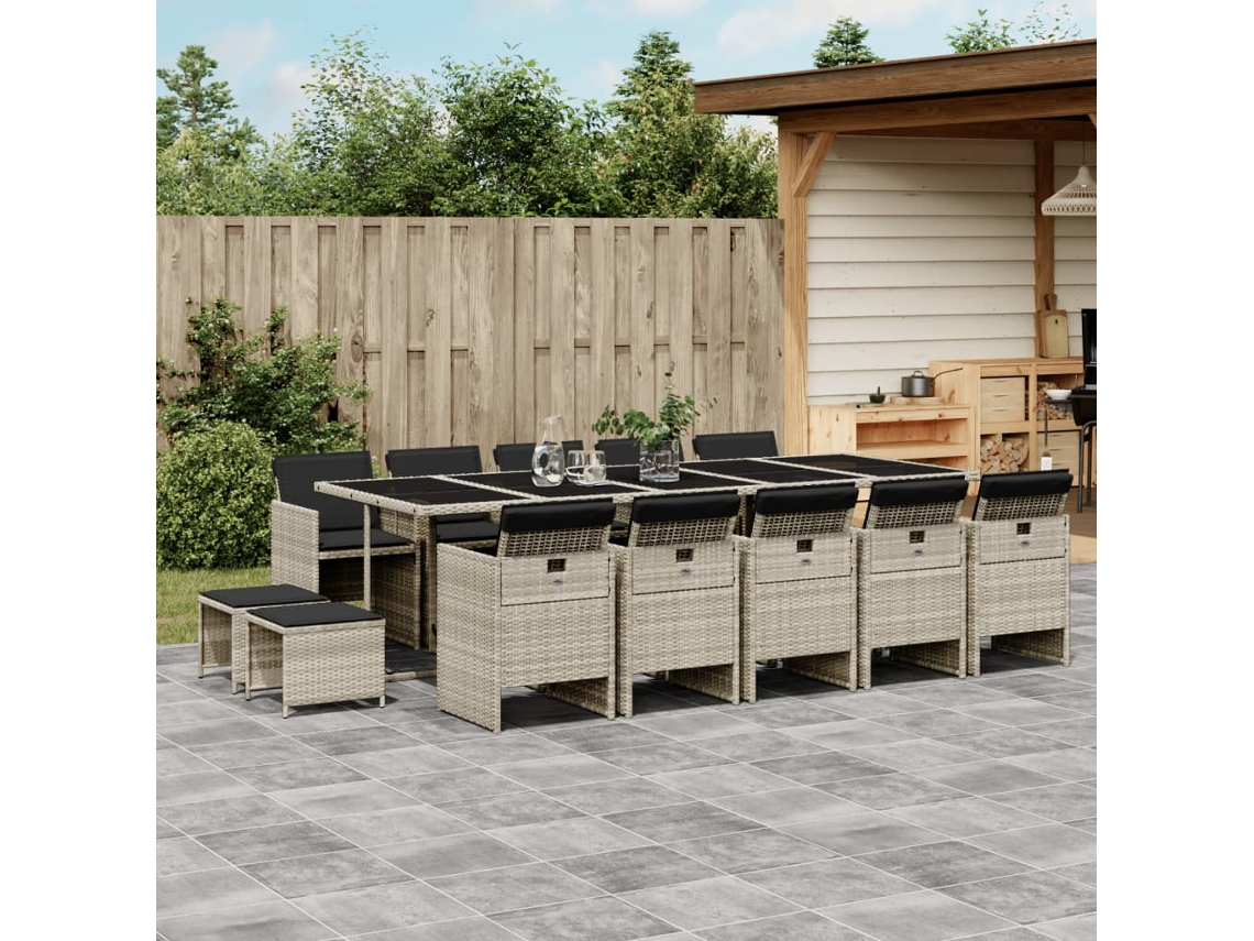 Conjunto 15 Peças Jantar Jardim C/ Almofadões Vime Pe Cinzento Claro Dkd Home Decor