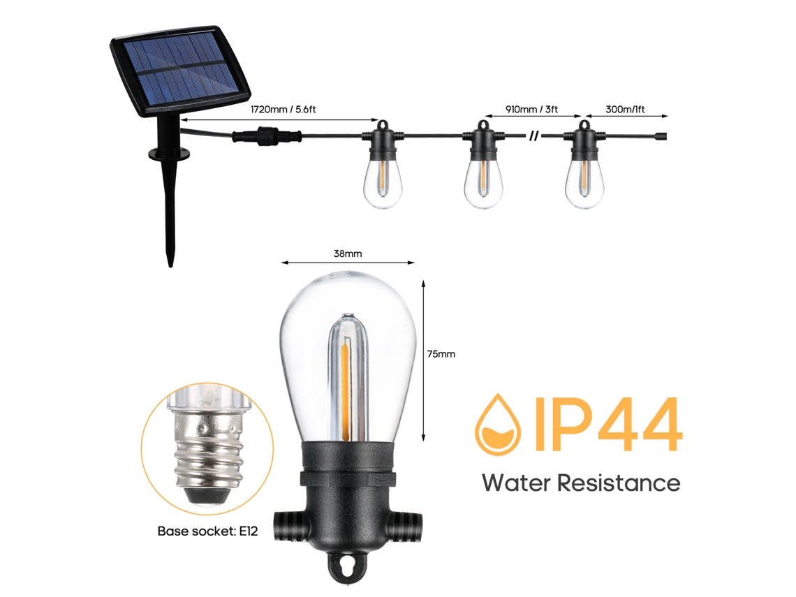 Yncm2026-luces De Hilo Mágicas Solares 33ft S14, 4 Modos De Iluminación, Resistente Al Agua Ip44, Para Jardín, Patio, Bodas Y Fiestas