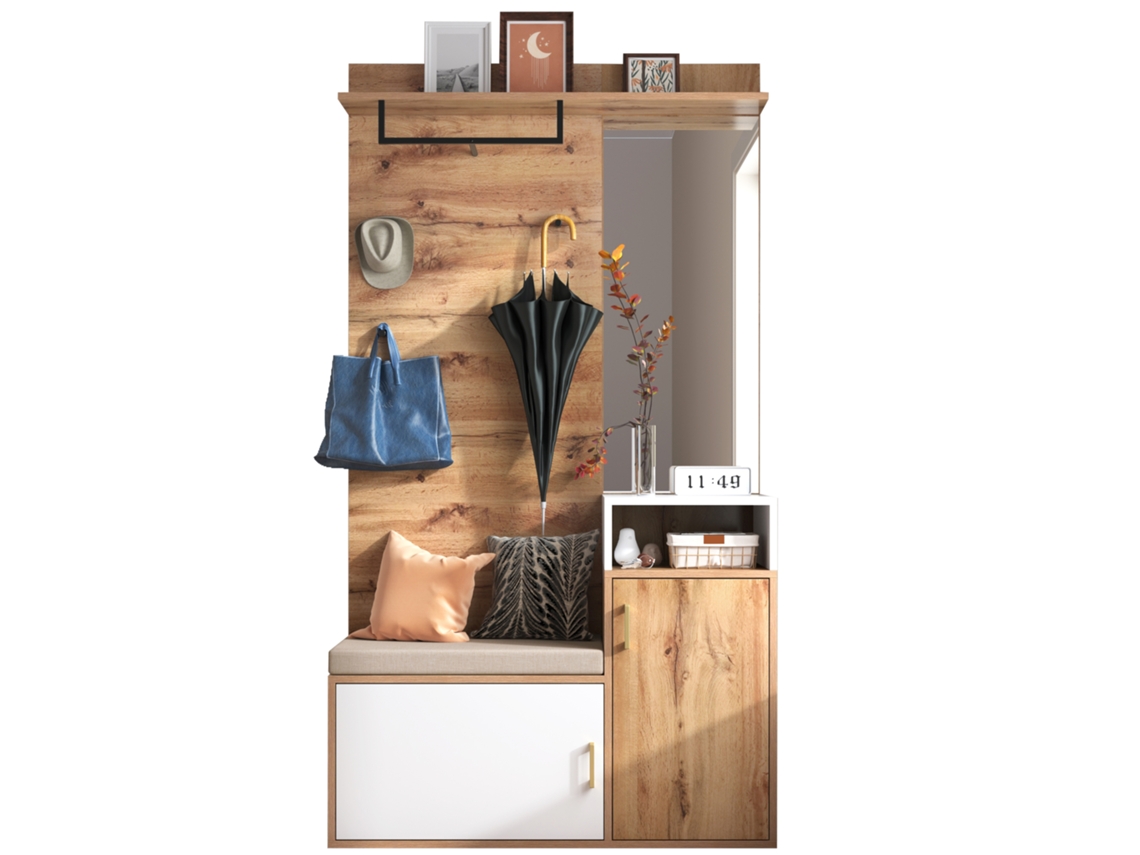 Set De Armario Elegante - Con Espejo, Zapatero, Perchero, Banco Y Ganchos - Blanco Y Madera