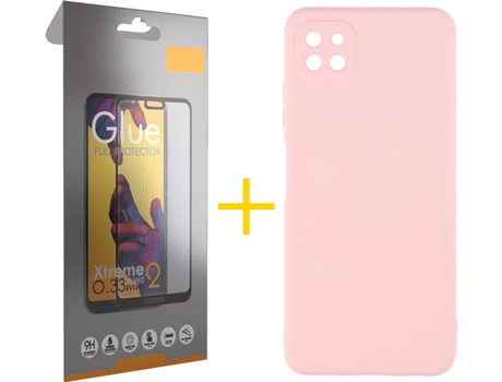 Funda y Protector de Vidrio Full 1x Samsung Galaxy A22 5G SKYHE Silicona Líquida Rosa Crema