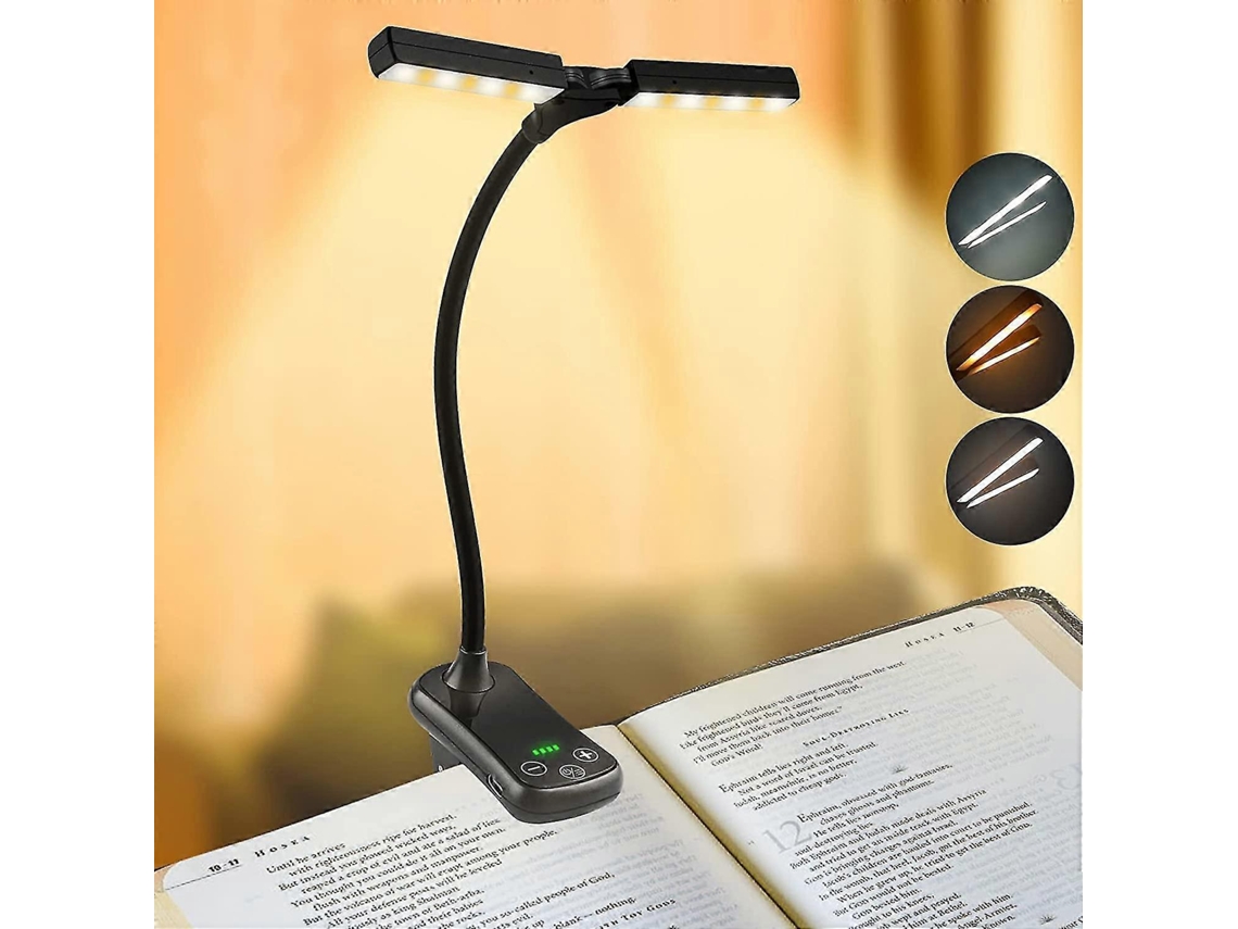 Rebe-luz De Lectura Recargable Con 14 Leds, Cabezas Duales Ajustables, Clip Para Libro/mesa, Luz De Cuidado Ocular Para Estudio Y Trabajo Negro