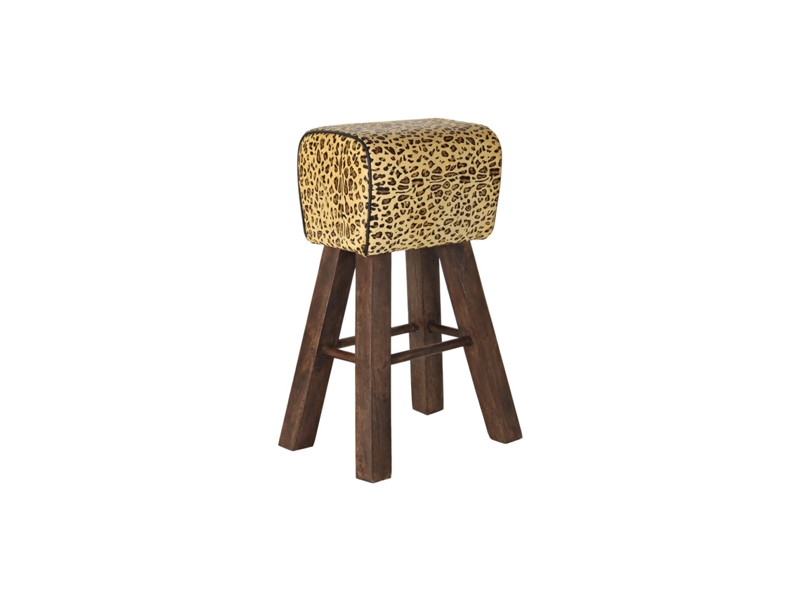 Taburete Madera Piel Leopardo Marron 43x35x75cm
