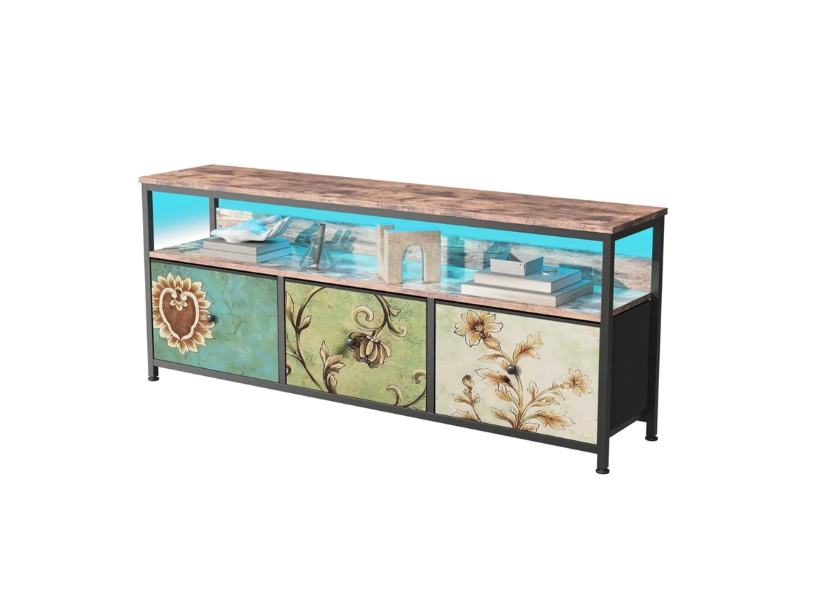Mueble de TV con 3 cajones y luces LED, estilo retro, 108x29,8x57cm, colorido