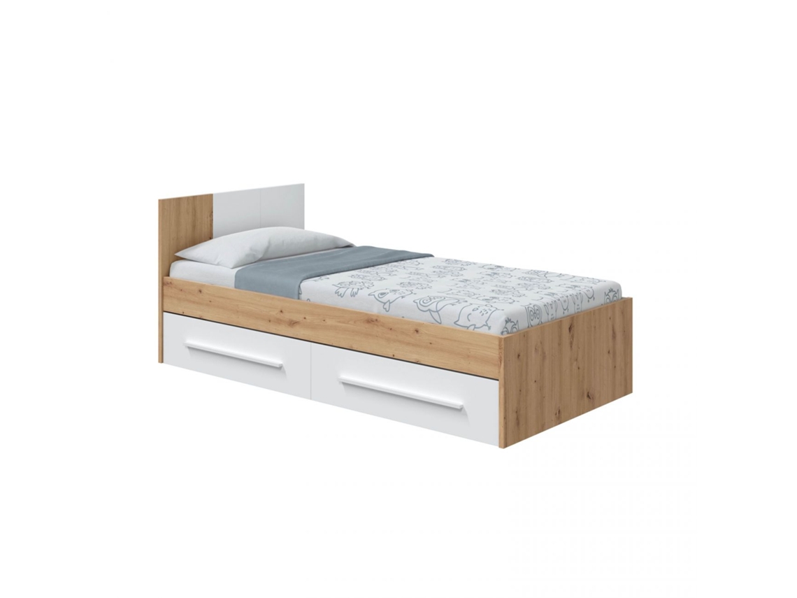 Cama Noa Blanco Artik (Blanco Mate) - Roble Nodi 196 x 77(cabecero),41(pies) x 97 cm