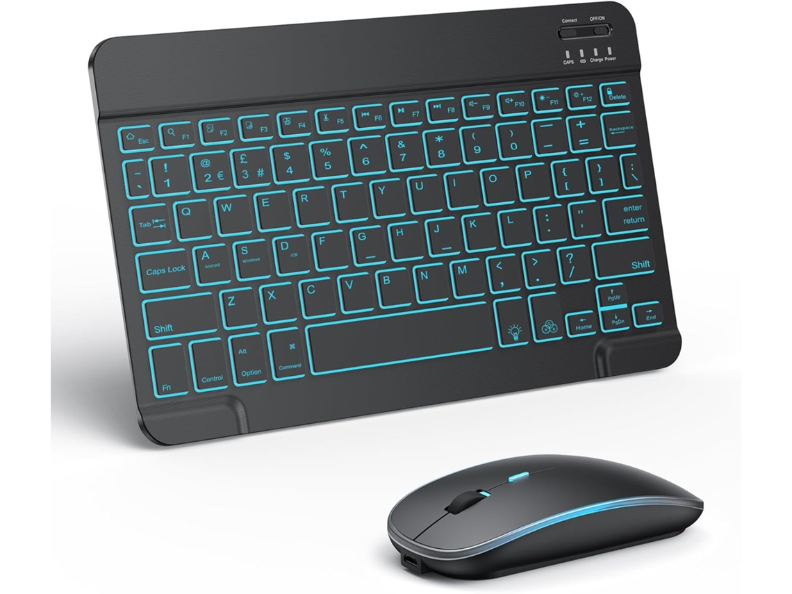 Combinación De Teclado Y Ratón Bluetooth Para Ipad Disposición De La Placa De Recarga Reino Unido, 7 Cores Retroiluminado, Negro